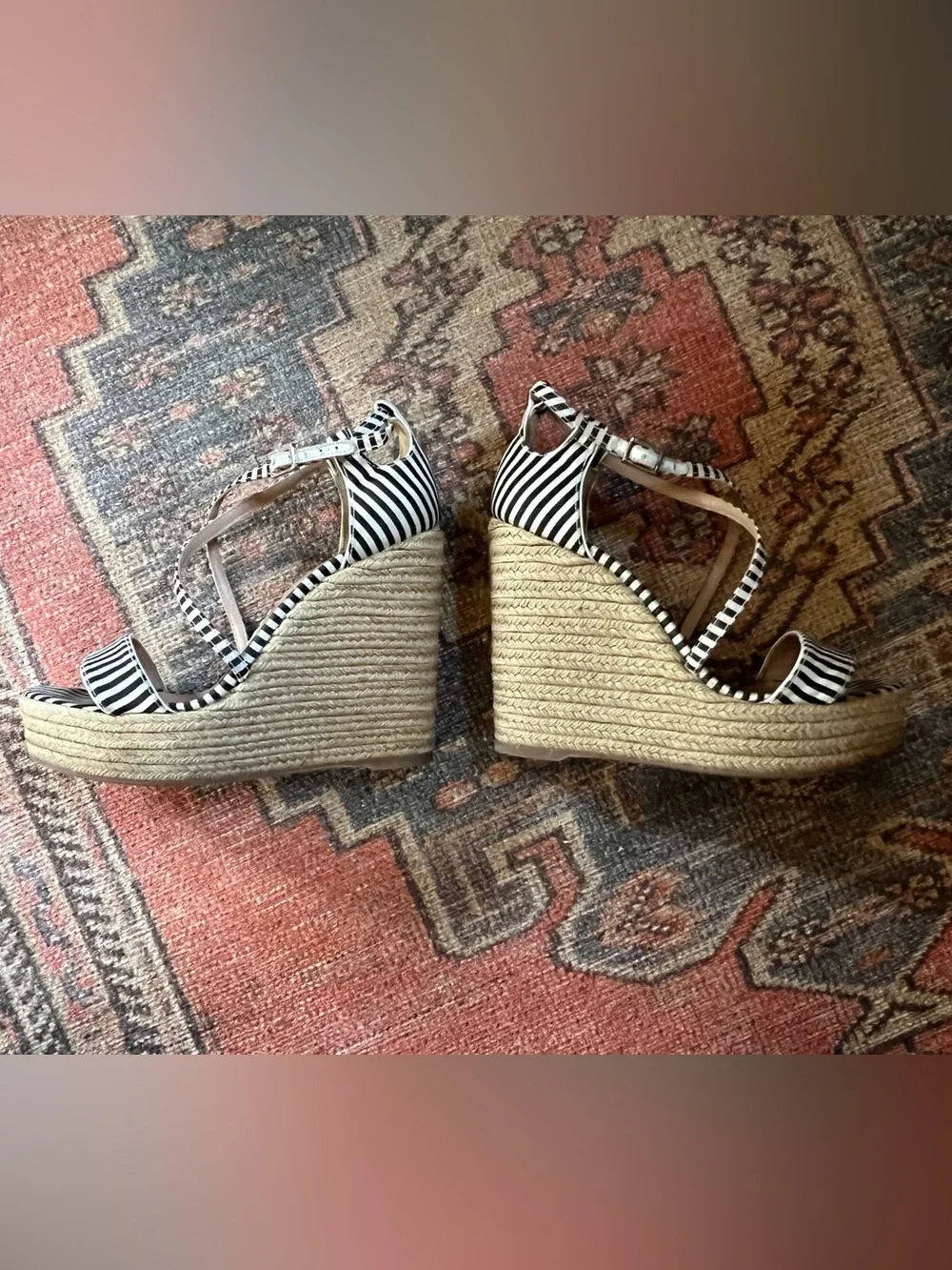 Tabitha Simmons Black and White Striped Espadrille Wedge Sandals